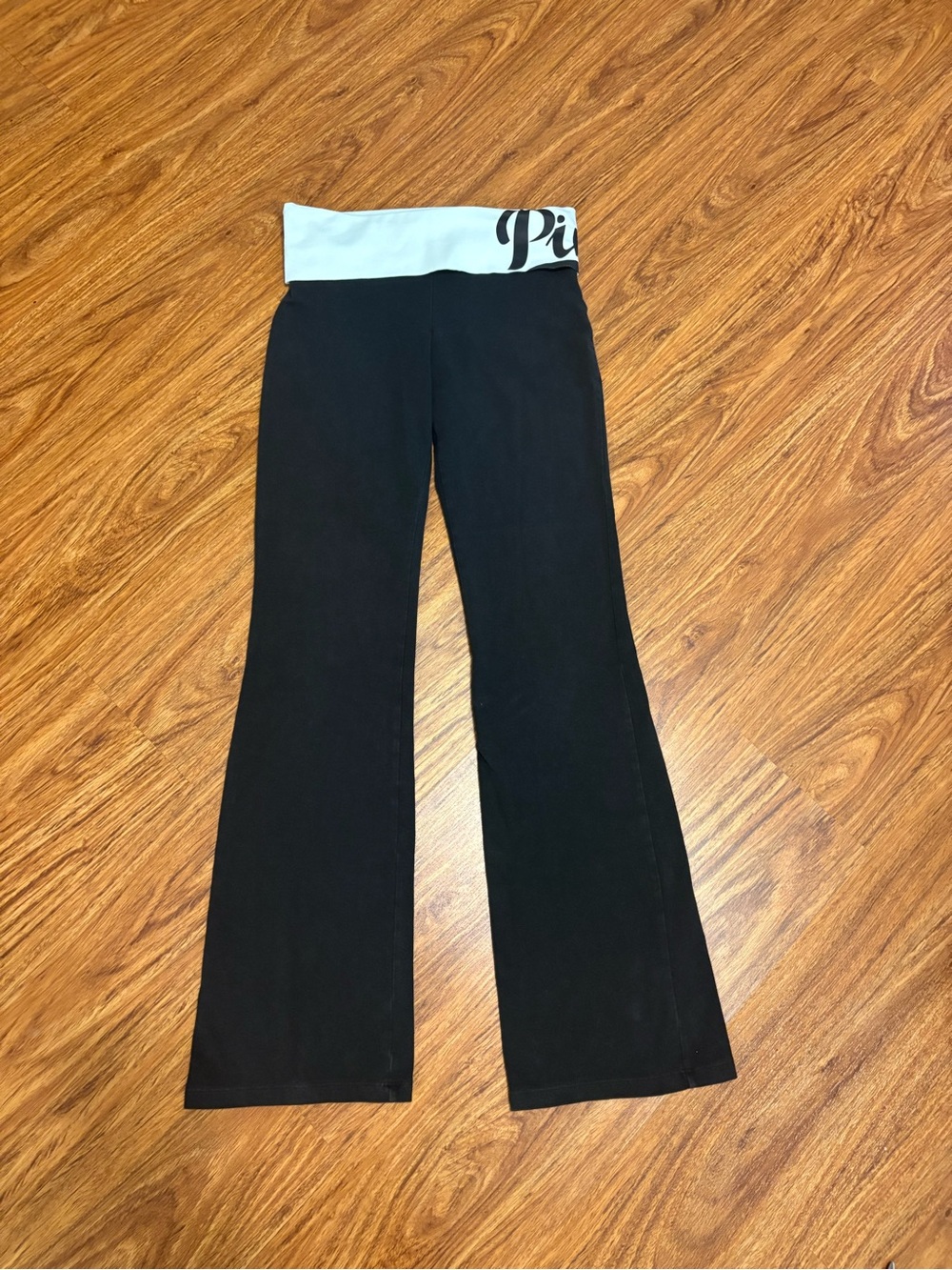 PINK Victoria's Secret Black Flare Leggings with Off White Logo Waistband
